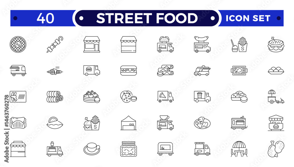 Fast food related line icon set. Street food linear icons. Burger, hotdog and sandwich outline icon. Fast food related line icon set. Street food linear icons. Burger, hotdog and sandwich outline icon.
