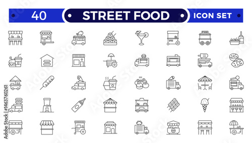 Fast food related line icon set. Street food linear icons. Burger, hotdog and sandwich outline icon.