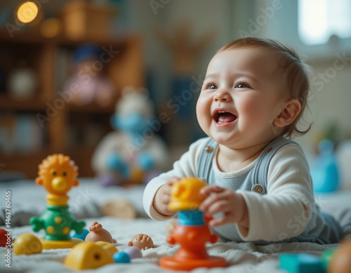 A baby laughing while playing with toys