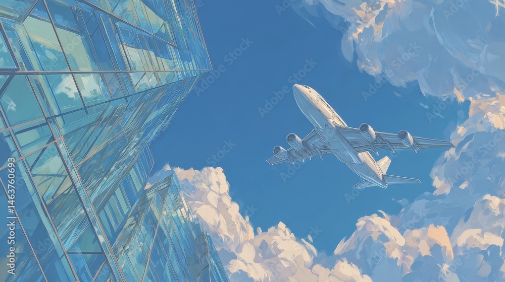 Commercial airplane flying over modern glass skyscraper under blue sky, with jet silhouette reflected on facade, symbolizing global business, travel, and architectural innovation.