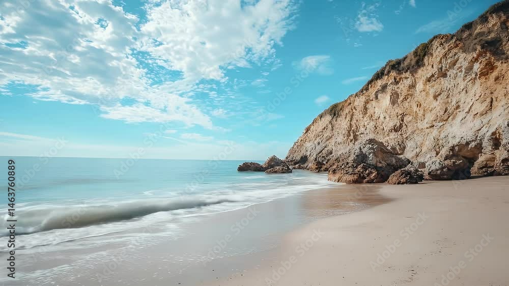 Azure Beach with Gentle Waves and Rock Formations Under a Partly Cloudy Sky Azure Beach with Gentle Waves and Rock Formations Under a Partly Cloudy Sky