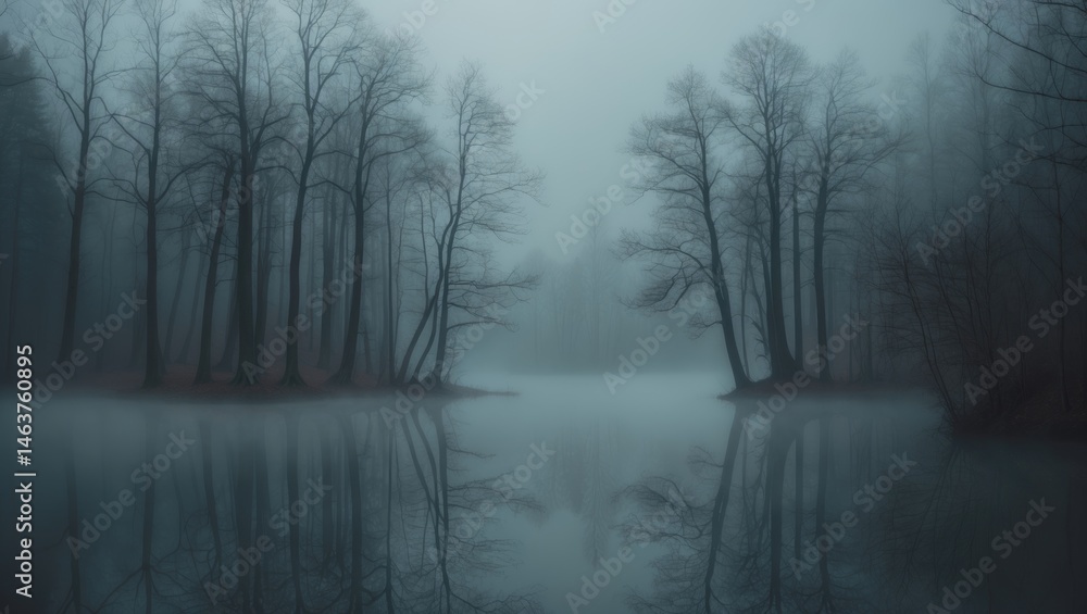 Naklejka premium Mystical woodland scene with foggy atmosphere and reflections