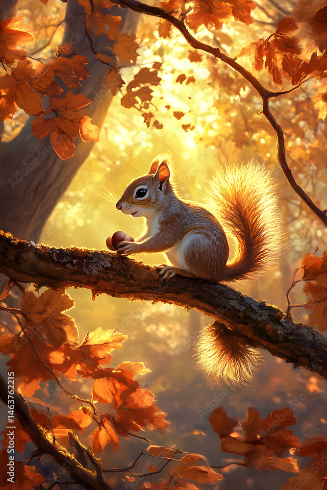 A Curious Squirrel with an Acorn in a Sunlit Autumn Canopy