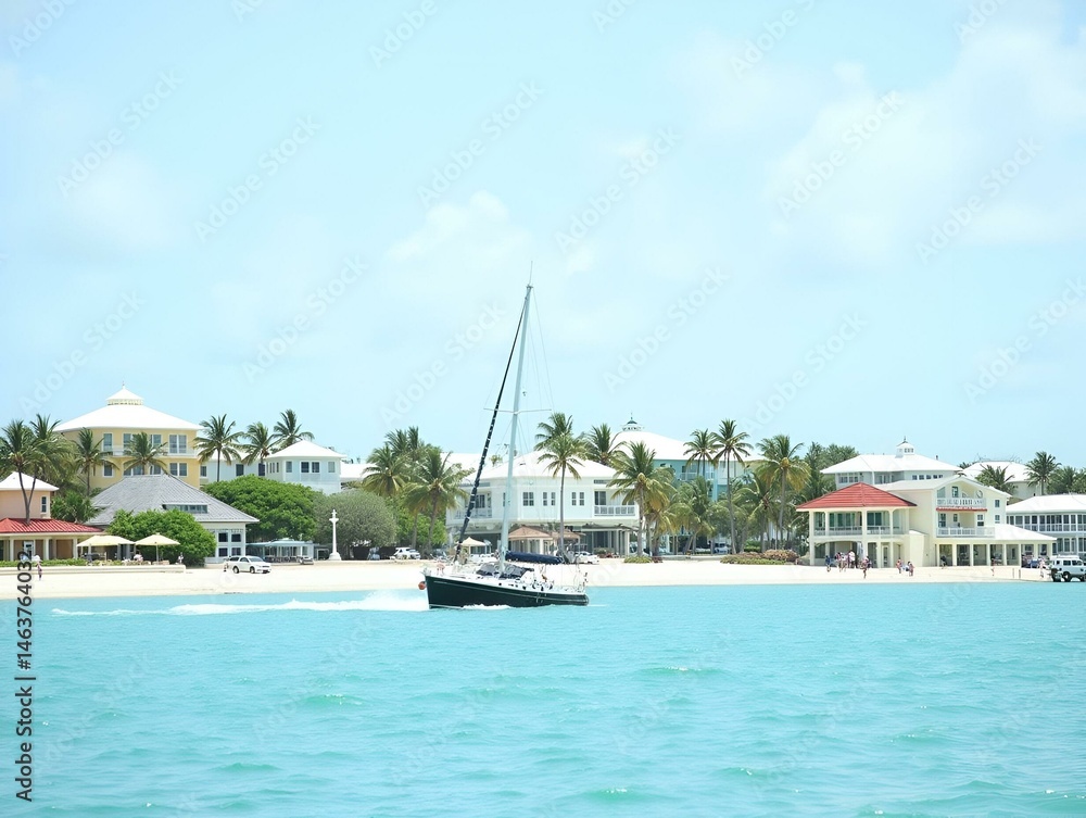 In Nassau, Bahamas, a serene summer day scene features a boat, the ocean, colorful houses, and a hotel