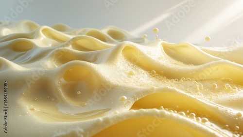 Waves of frothy beer with bubbles and water-like textures in a bright background.