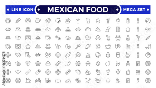 Mexican Food outline icons. Fast food vector icon line set. Burger sandwich pizza hot dog cola coffee sweets.