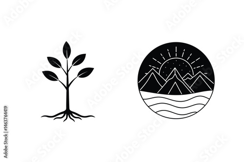 Minimalist black and white nature symbols including tree with roots and mountain landscape