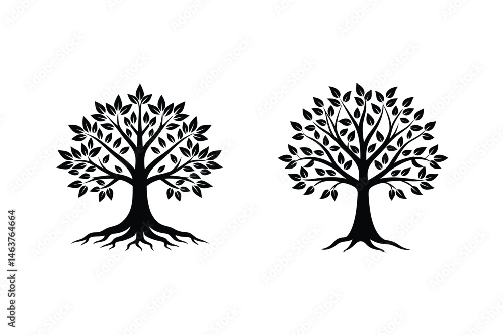 Obraz premium Two silhouette trees with leaves and roots in black color on white background
