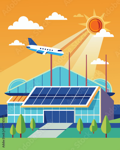 The airports hangars may be massive but they are powered by a seemingly endless supply of energy harnessed from the countless solar panels on their roofs.. Vector illustration