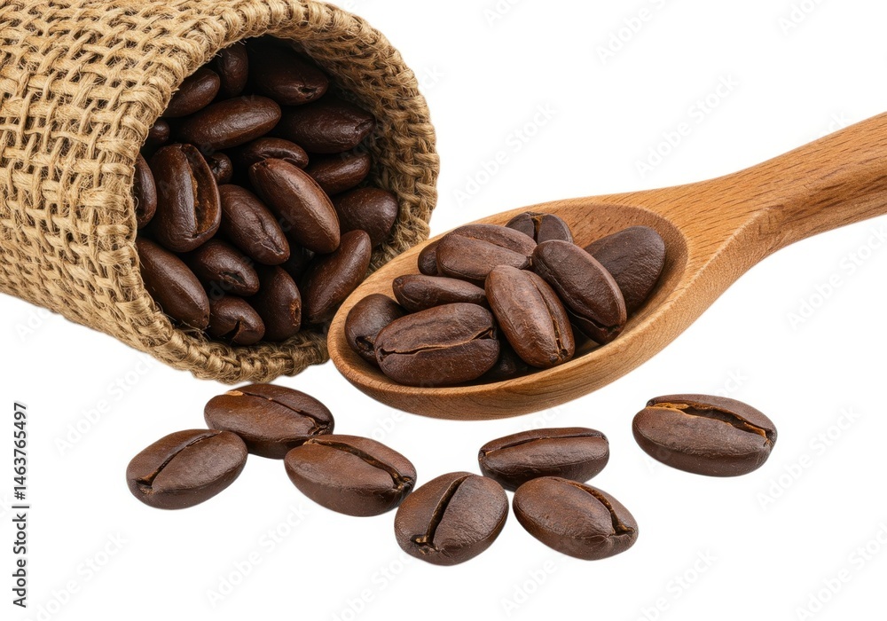 Fototapeta premium Premium roasted arabica coffee beans in burlap sack and wooden spoon
