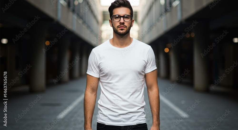 Man in White T-Shirt and Glasses Standing on a Street in an Urban Setting