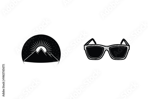 Black and white outdoor adventure emblem with sunglasses and mountain sunset illustration