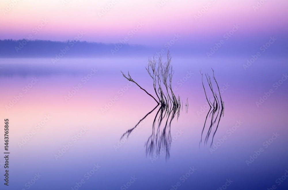 Obraz premium Serene lake at dawn with partially submerged branches