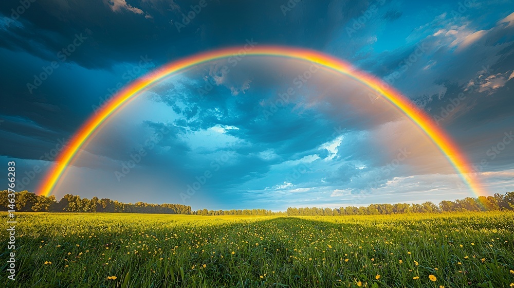 Naklejka premium Rainbow arching over a field after a storm