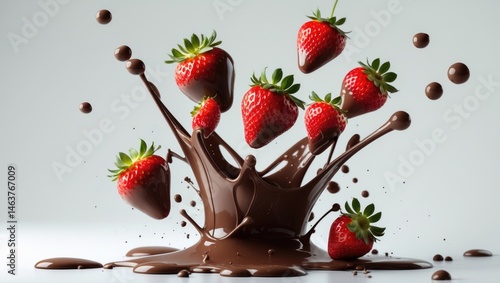 Background featuring strawberries and flowing chocolate splashes
