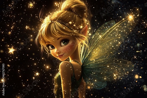 
A beautiful Tinkerbell, full-body, glowing and sparkling with magical energy, against a black background with stars and sparkles, 