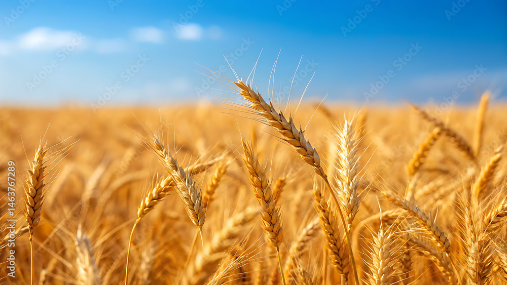 Fototapeta premium Heal wellness Golden wheat field under blue sky to heal and promote wellness in nature calm and peaceful environment