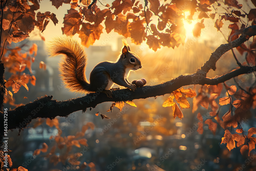 A Curious Squirrel with an Acorn in a Sunlit Autumn Canopy