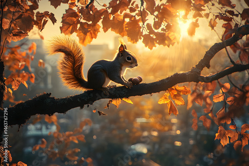 Obraz na płótnie A Curious Squirrel with an Acorn in a Sunlit Autumn Canopy w salonie