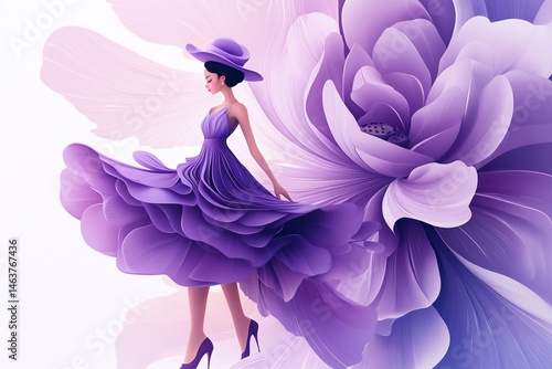 
A girl in an elegant purple dress stands under the giant flower, wearing high heels and a hat on her head. The background is white with a flat illustration style.