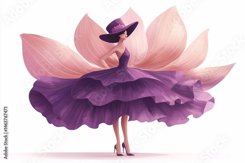 
A girl in an elegant purple dress stands under the giant flower, wearing high heels and a hat on her head. The background is white with a flat illustration style.
