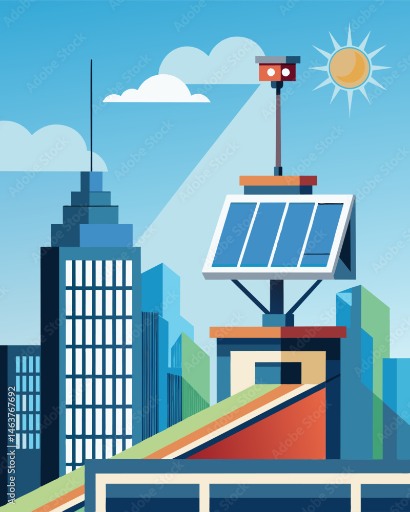 Obraz premium On the roof of a highrise building a sleek solarpowered security camera rotates to monitor the busy streets below.. Vector illustration