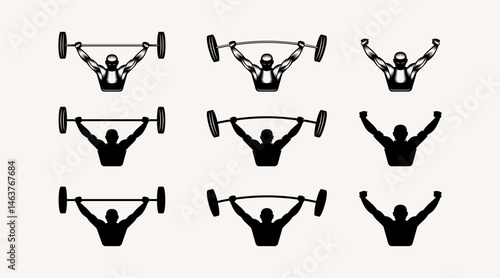 Women powerlifter holds a barbell over his head. illustration in style engraving and silhouette. Isolated black print on white background