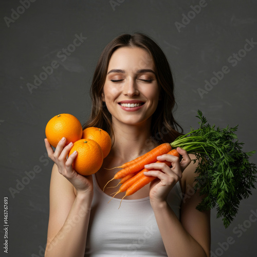 Young woman holding oranges and carrots in a studio setting. Relaxed pose with a neutral gray background.