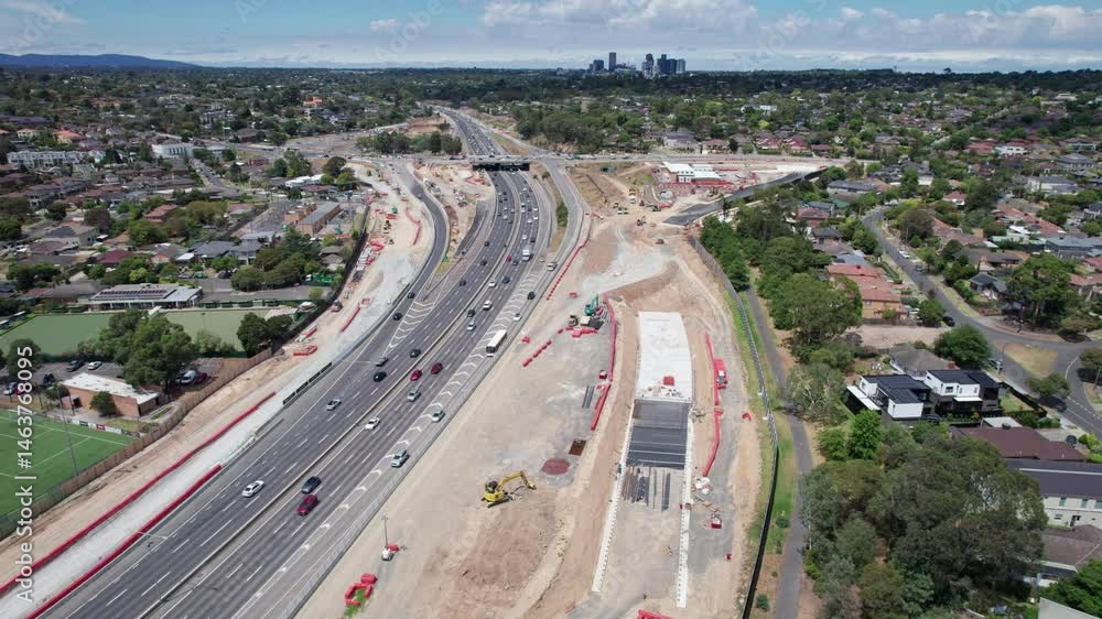 Aerial view looking south east along the Eastern Freeway towards the Doncaster Road intersection during construction of the North East Link project in February 2025, Victoria, Australia. Aerial view looking south east along the Eastern Freeway towards the Doncaster Road intersection during construction of the North East Link project in February 2025, Victoria, Australia.