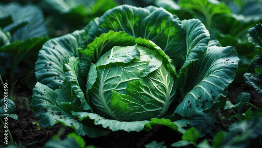Fototapeta premium Lush green cabbage plant featuring large, holey leaves growing healthily in moist soil