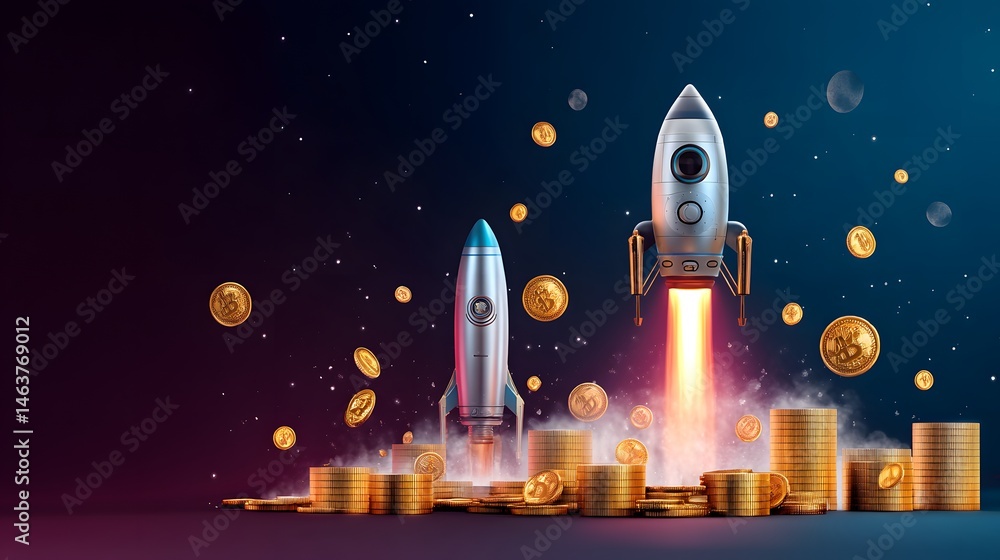 Fototapeta premium Soaring into the Future: A vibrant illustration of two rockets, ascending with trails of light. The scene is filled with gold coins symbolizing prosperity and technological advancement.