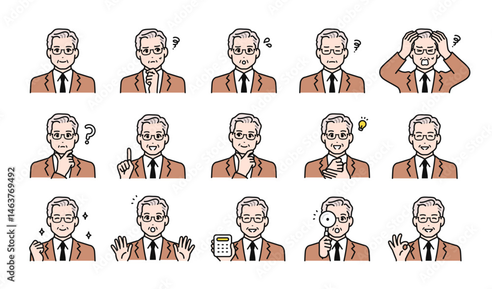 シニア世代の男性経営者の表情イラストセット シニア世代の男性経営者の表情イラストセット