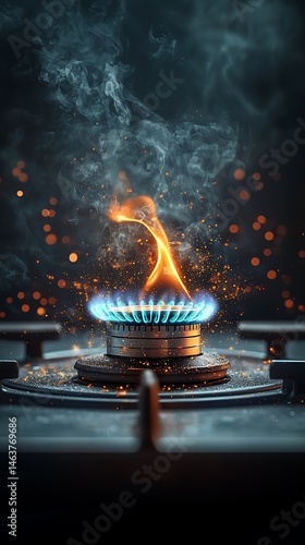 Intense gas stove flame, smoke, and sparks. Blue and orange colors. Dark background