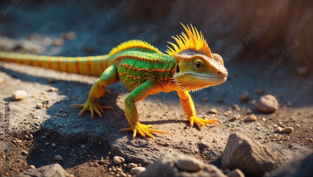 Fototapeta premium Taunting yellow Asian chameleon lizard on the ground