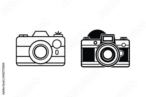 Black and white illustration of two cameras ideal for photography and graphic design projects