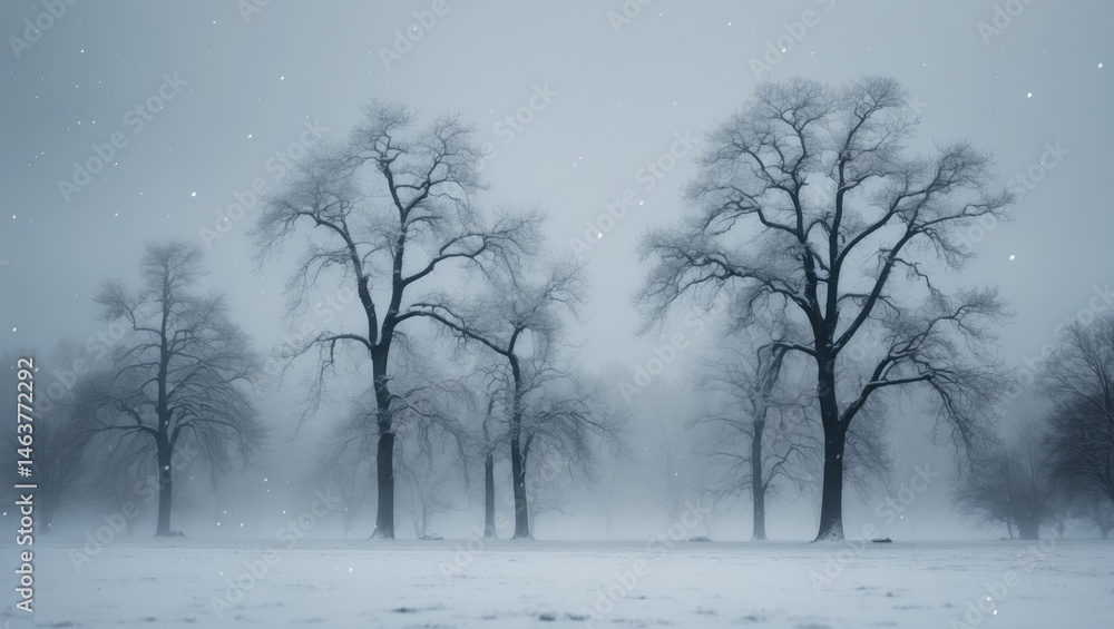 Creative design of snow-laden trees and distant bushes in a calm, minimal winter scene