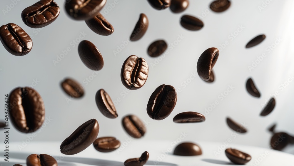 Fototapeta premium Falling coffee beans isolated on a textured white surface