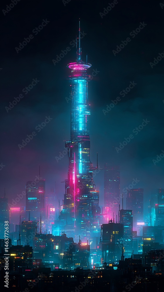 Obraz premium Futuristic megacity skyline bathed in neon hues during twilight night