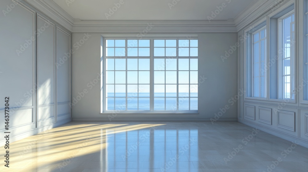 Obraz premium Empty, sunlit room with large ocean view