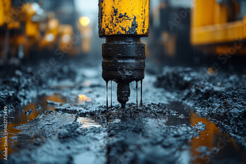 Oil drill bit rises from rugged ground, dripping dark, sticky oil that highlights the harsh conditions of extraction