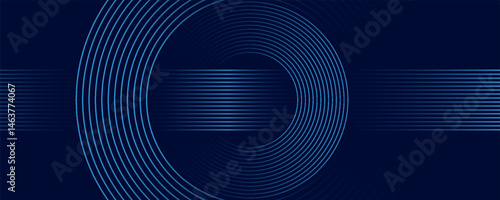 Abstract blue glowing geometric lines on dark blue background. Modern shiny blue circle lines pattern. Futuristic technology concept. Suit for cover, poster