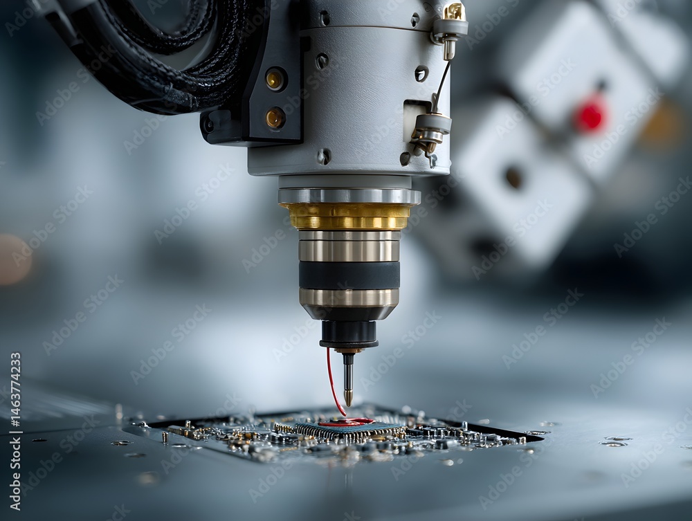 A high-precision robotic arm meticulously solde a microchip onto a circuit board du advanced manufactu. A high-precision robotic arm meticulously solde a microchip onto a circuit board du advanced manufactu.