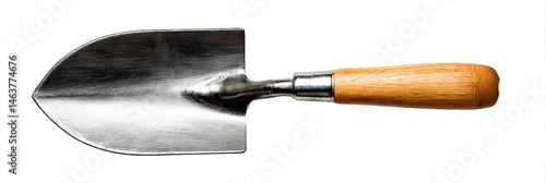 Wooden-handle gardening shovel on white background, perfect for digging, planting, and soil work. Essential hand tool for garden lovers and landscapers.