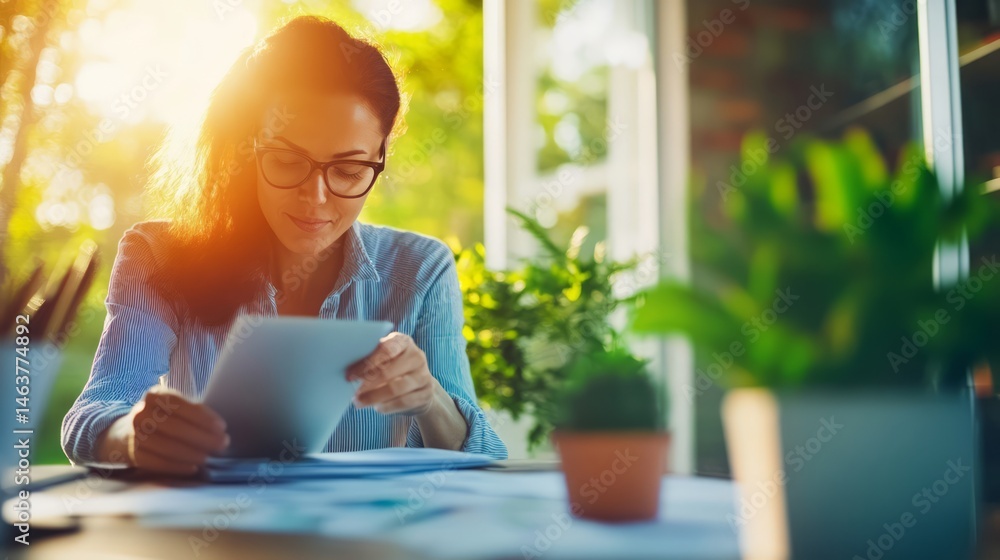 Young Woman Reading Document in Cozy Workspace Surrounded by Plants Young Woman Reading Document in Cozy Workspace Surrounded by Plants