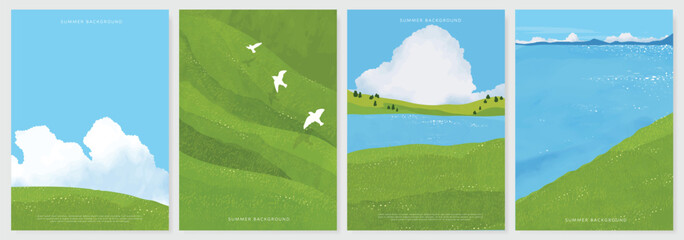Acrylglasbilder Pistache Abstract Green Summer landscape background vector set. Nature wallpaper of green field on mountain, yellow flowers, blue sky , birds, river. Watercolor illustration for cover, wall art, decoration.  © babeer