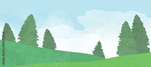 Abstract landscape background vector. Panorama view wallpaper in minimal design with tree, mountain, sky. Illustration for print, interior, wall art, decoration, cover, banner.