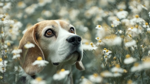 Beagle Dog Surrounded by White and Yellow Flowers with Soft Focus in a Serene Outdoor Setting