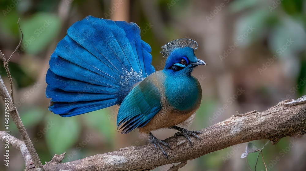 Obraz premium Vibrant Blue Bird with Displaying Feathers on Branch in Natural Habitat, Showcasing Stunning Colors and Unique Features