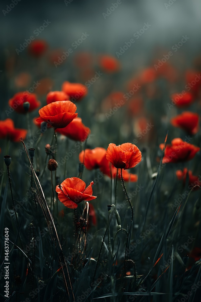 Obraz premium Vibrant Red Poppies in a Field of Lush Green Grass
