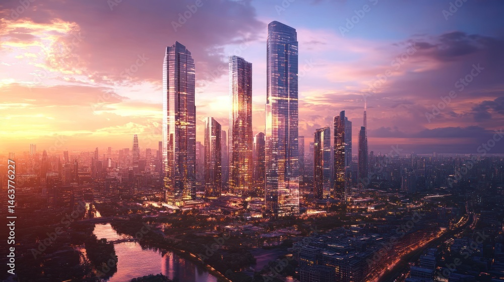 Fototapeta premium Futuristic city skyline at sunset